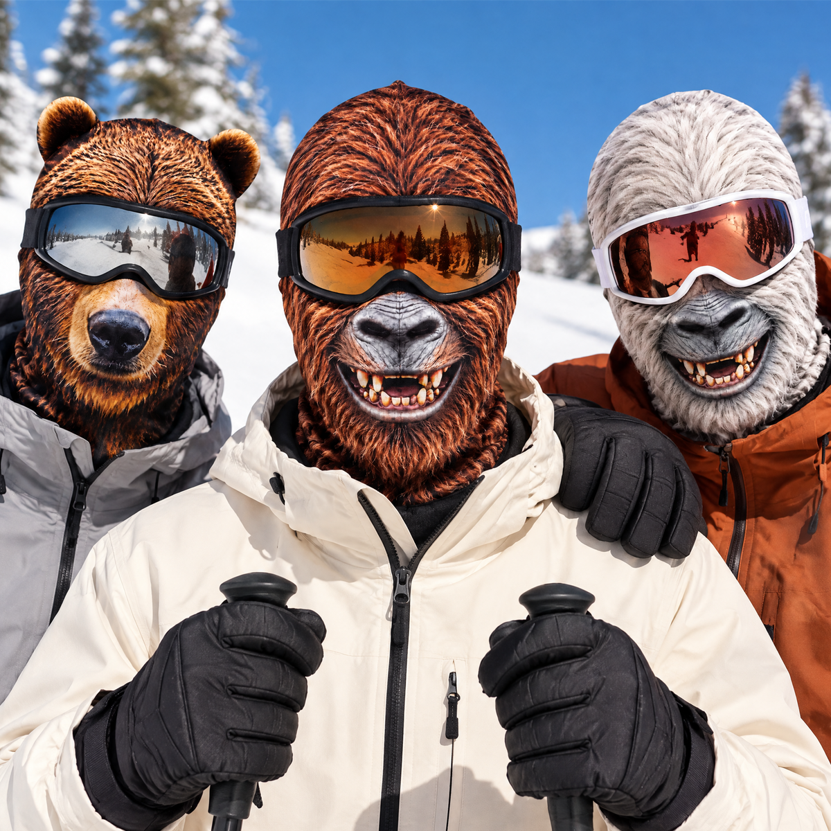 Three friends on the slopes wearing SlopeBeast Bigfoot, Yeti and Bear ski masks